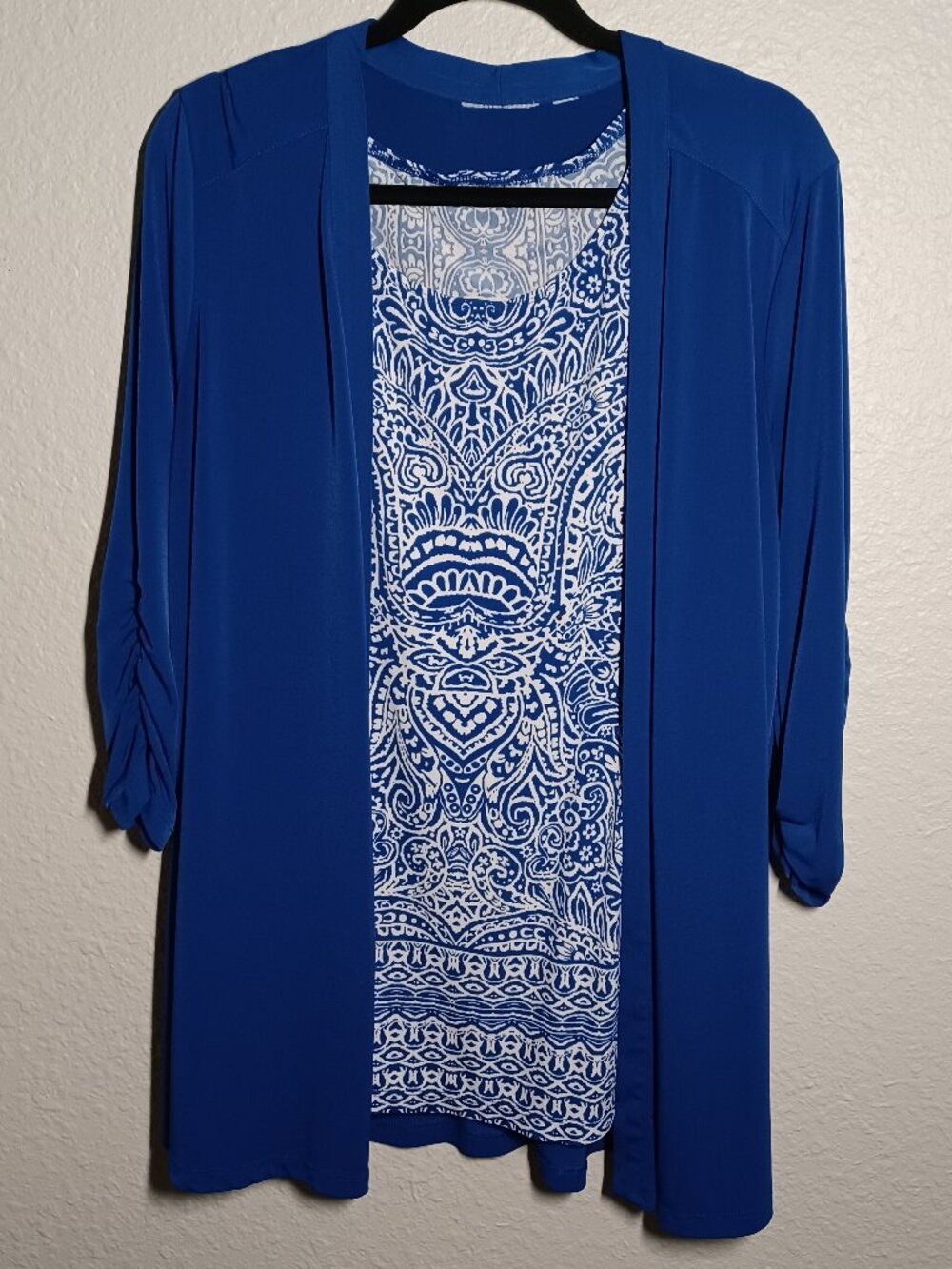 Susan Graver Liquid Knit Cardigan & Printed Tunic Set Ruched 3/4 Sleeve Size 1X
